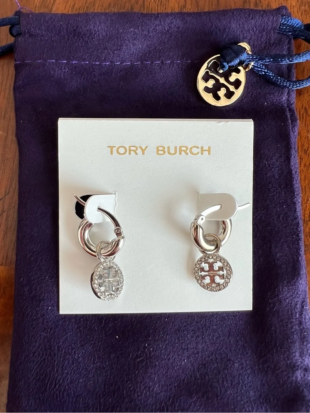 Tory Burch Logo Huggies Silver Mini Hoop Drop Earrings